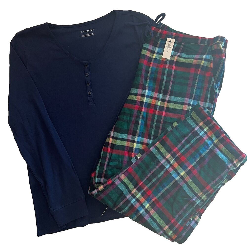 Talbots Pajama Set XL Navy Plaid 100% Cotton Henley knit top Flannel Bottoms NWT